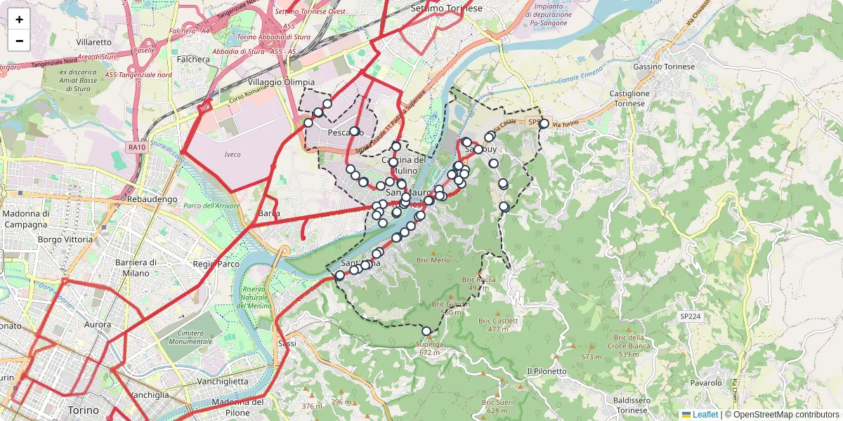 Mappa dettagliata del trasporto pubblico a San Mauro Torinese con linee autobus, tram e collegamenti