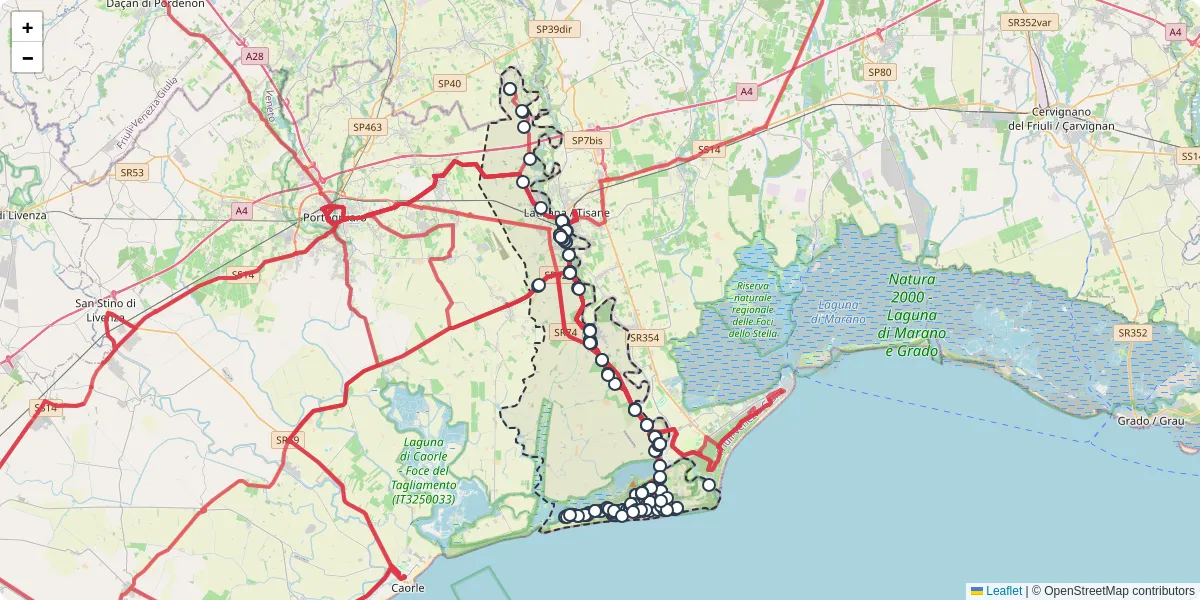 Mappa dettagliata del trasporto pubblico a San Michele al Tagliamento con linee autobus, tram e collegamenti