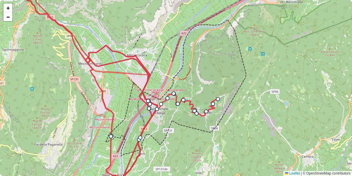 Mappa dettagliata del trasporto pubblico a San Michele all'Adige con linee autobus, tram e collegamenti