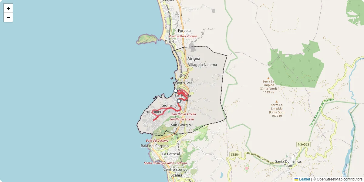 Mappa dettagliata del trasporto pubblico a San Nicola Arcella con linee autobus, tram e collegamenti