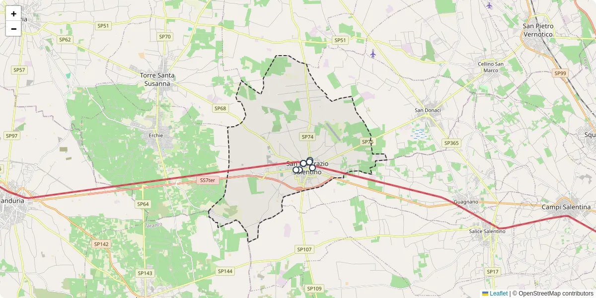 Mappa dettagliata del trasporto pubblico a San Pancrazio Salentino con linee autobus, tram e collegamenti