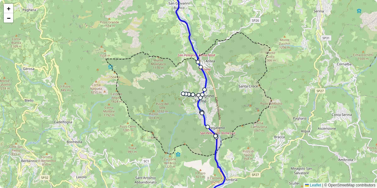 Mappa dettagliata del trasporto pubblico a San Pellegrino Terme con linee autobus, tram e collegamenti