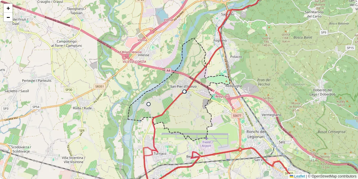 Mappa dettagliata del trasporto pubblico a San Pier d'Isonzo con linee autobus, tram e collegamenti