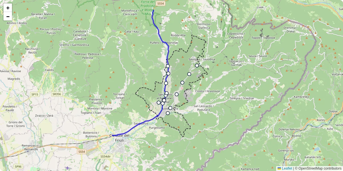 Mappa dettagliata del trasporto pubblico a San Pietro al Natisone con linee autobus, tram e collegamenti