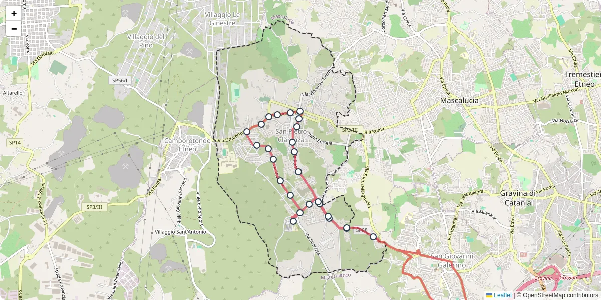 Mappa dettagliata del trasporto pubblico a San Pietro Clarenza con linee autobus, tram e collegamenti