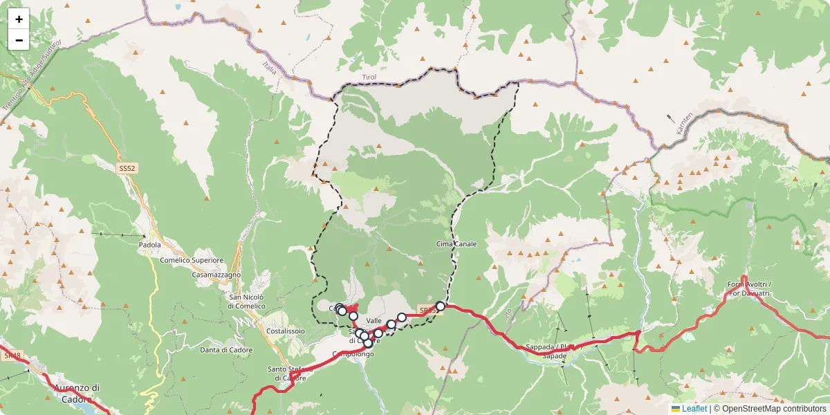 Mappa dettagliata del trasporto pubblico a San Pietro di Cadore con linee autobus, tram e collegamenti