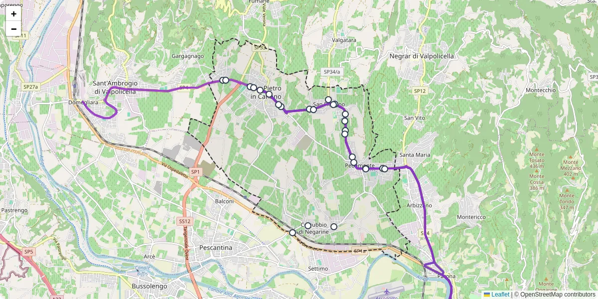 Mappa dettagliata del trasporto pubblico a San Pietro in Cariano con linee autobus, tram e collegamenti