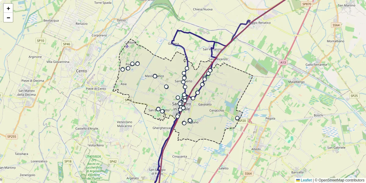 Mappa dettagliata del trasporto pubblico a San Pietro in Casale con linee autobus, tram e collegamenti