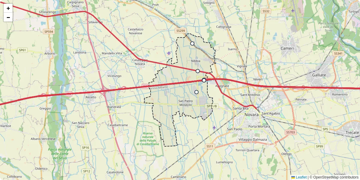 Mappa dettagliata del trasporto pubblico a San Pietro Mosezzo con linee autobus, tram e collegamenti