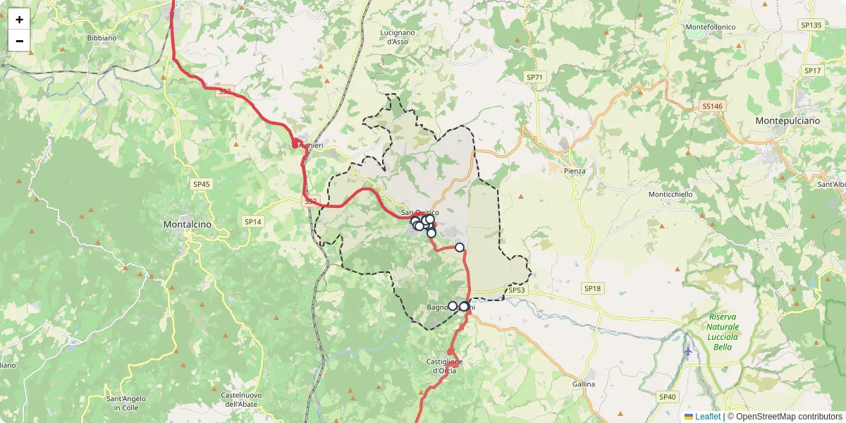 Mappa dettagliata del trasporto pubblico a San Quirico d'Orcia con linee autobus, tram e collegamenti