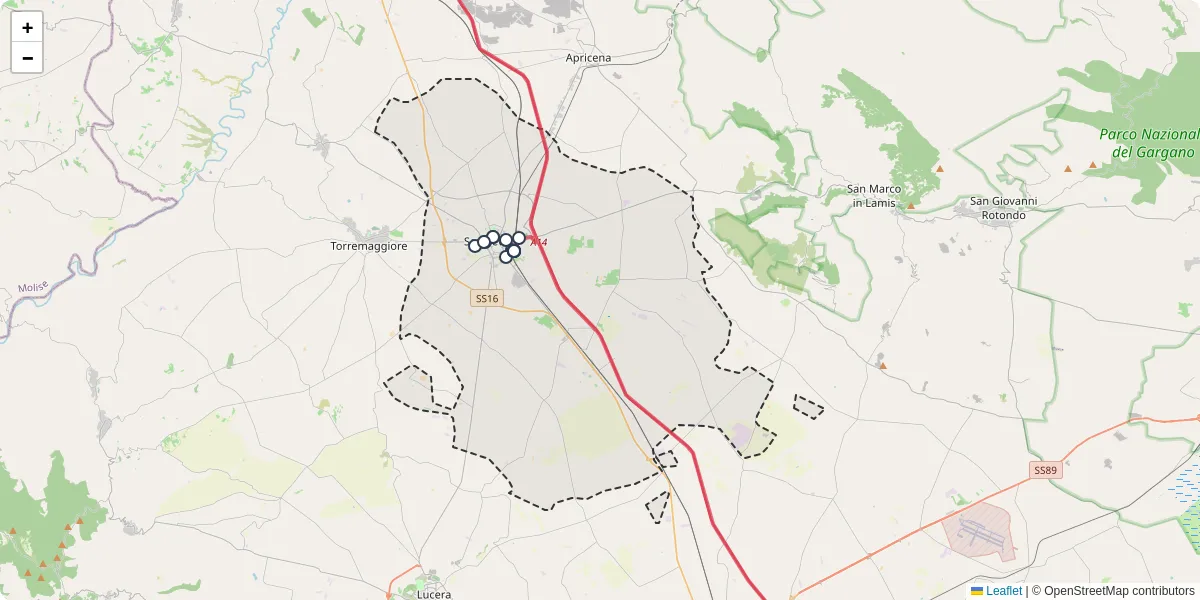 Mappa dettagliata del trasporto pubblico a San Severo con linee autobus, tram e collegamenti