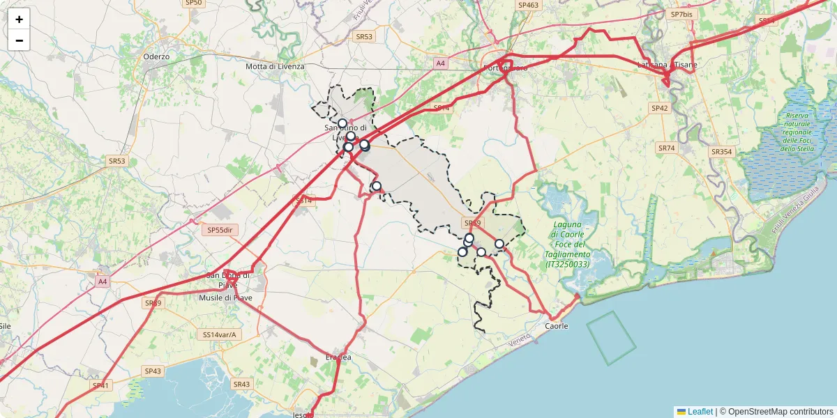 Mappa dettagliata del trasporto pubblico a San Stino di Livenza con linee autobus, tram e collegamenti