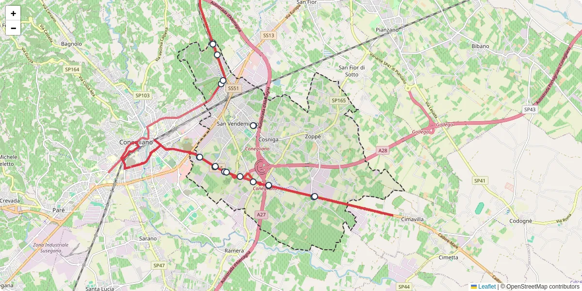 Mappa dettagliata del trasporto pubblico a San Vendemiano con linee autobus, tram e collegamenti