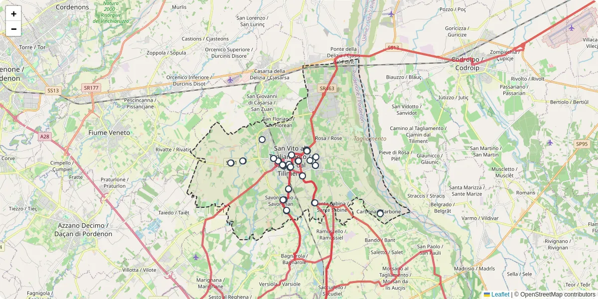 Mappa dettagliata del trasporto pubblico a San Vito al Tagliamento / San Vît dal Tiliment con linee autobus, tram e collegamenti