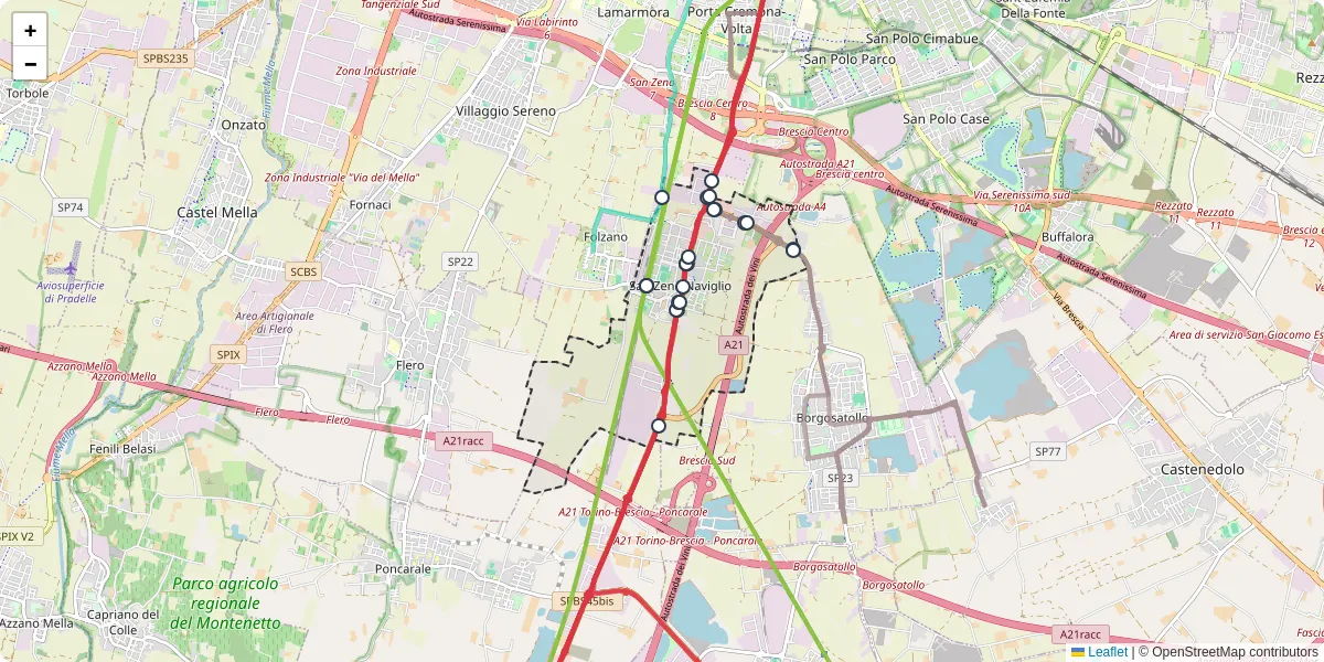 Mappa dettagliata del trasporto pubblico a San Zeno Naviglio con linee autobus, tram e collegamenti