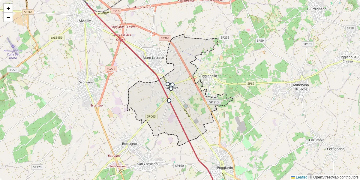 Mappa dettagliata del trasporto pubblico a Sanarica con linee autobus, tram e collegamenti
