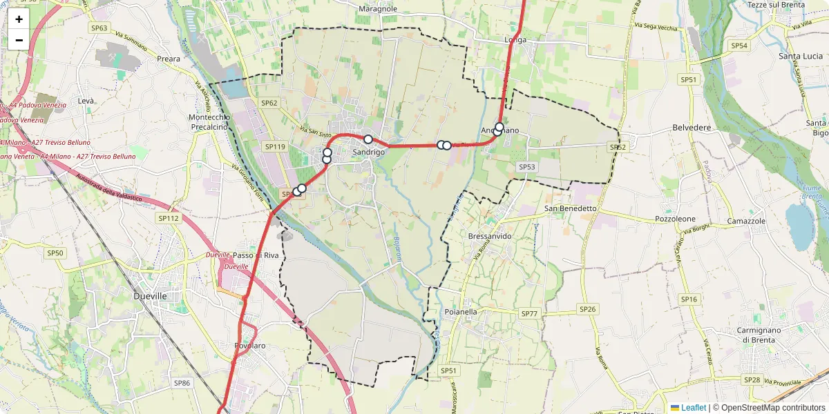 Mappa dettagliata del trasporto pubblico a Sandrigo con linee autobus, tram e collegamenti