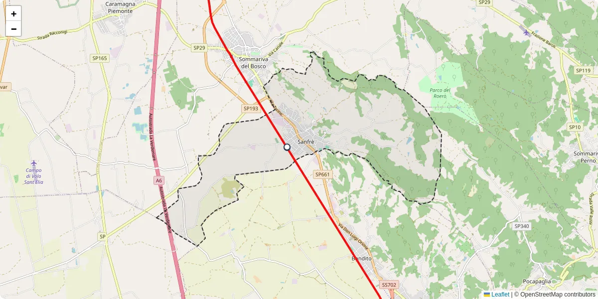 Mappa dettagliata del trasporto pubblico a Sanfrè con linee autobus, tram e collegamenti