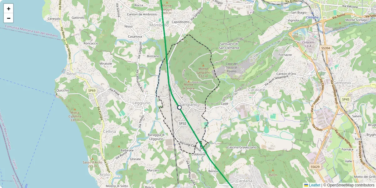 Mappa dettagliata del trasporto pubblico a Sangiano con linee autobus, tram e collegamenti