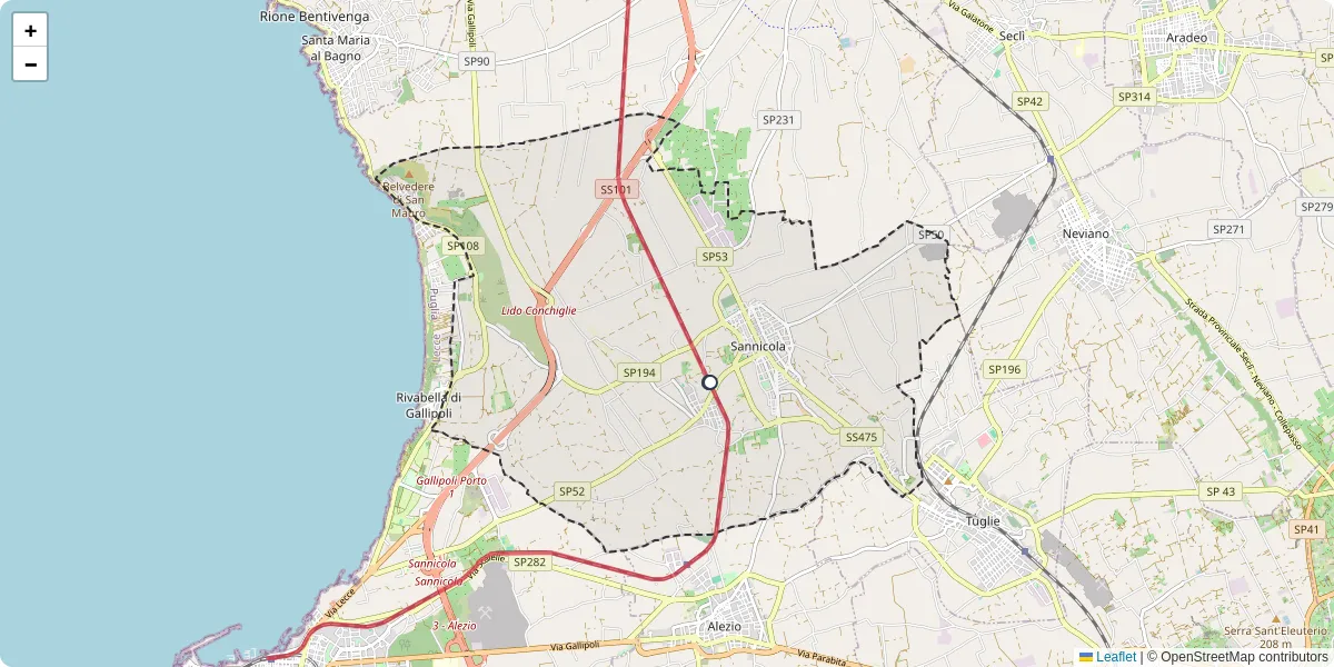 Mappa dettagliata del trasporto pubblico a Sannicola con linee autobus, tram e collegamenti