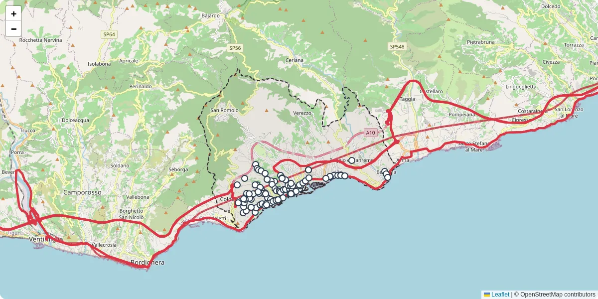 Mappa dettagliata del trasporto pubblico a Sanremo con linee autobus, tram e collegamenti