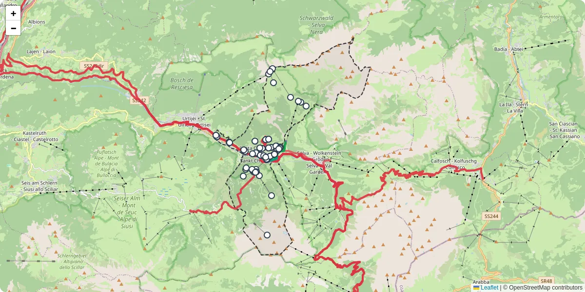 Mappa dettagliata del trasporto pubblico a Santa Cristina Gherdëina - St. Christina in Gröden - Santa Cristina Valgardena con linee autobus, tram e collegamenti