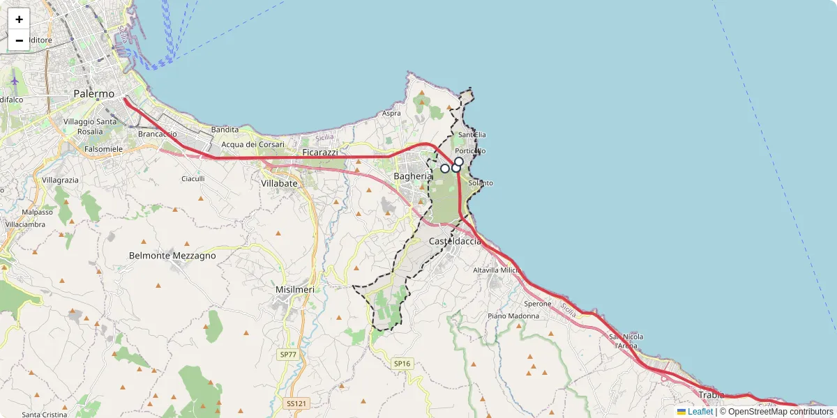 Mappa dettagliata del trasporto pubblico a Santa Flavia con linee autobus, tram e collegamenti