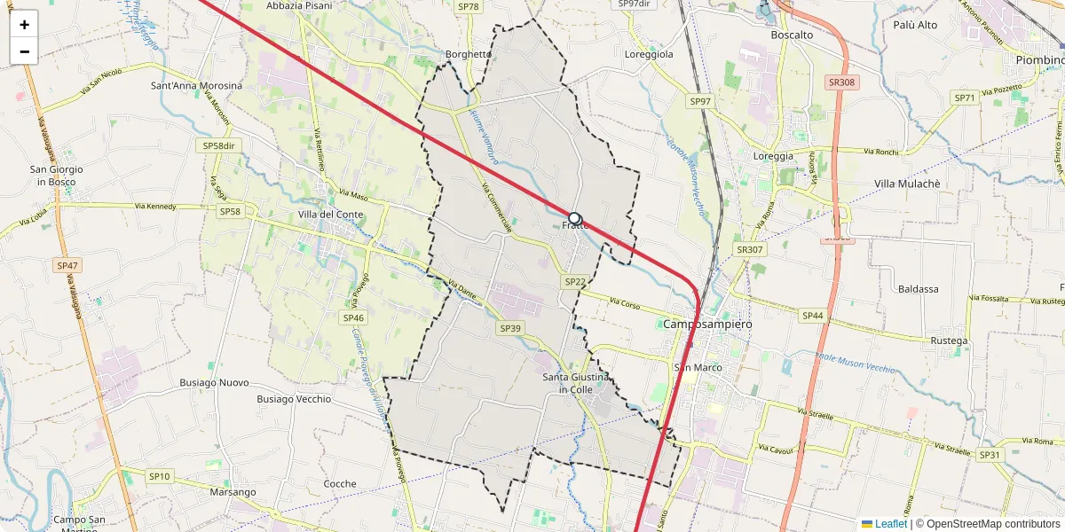 Mappa dettagliata del trasporto pubblico a Santa Giustina in Colle con linee autobus, tram e collegamenti