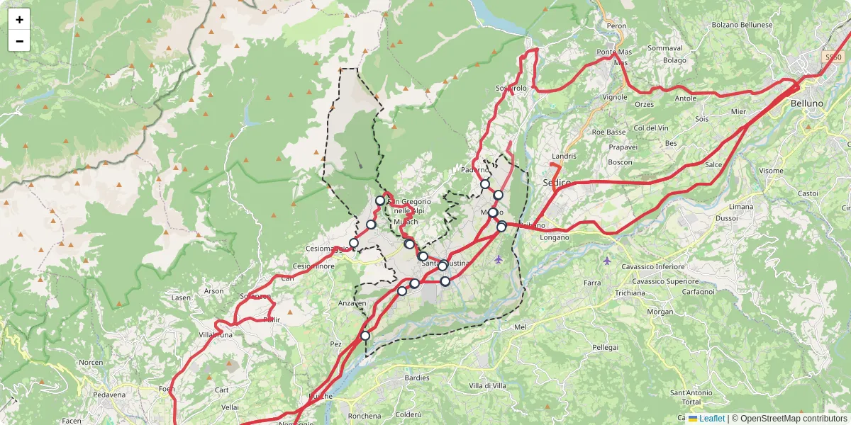 Mappa dettagliata del trasporto pubblico a Santa Giustina con linee autobus, tram e collegamenti