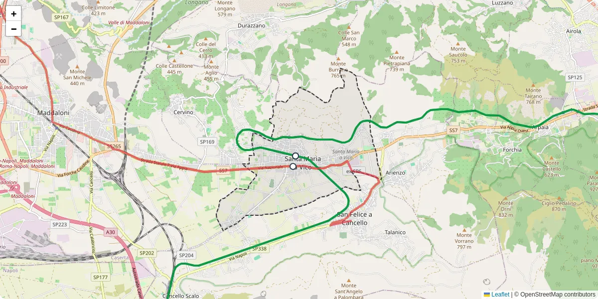 Mappa dettagliata del trasporto pubblico a Santa Maria a Vico con linee autobus, tram e collegamenti