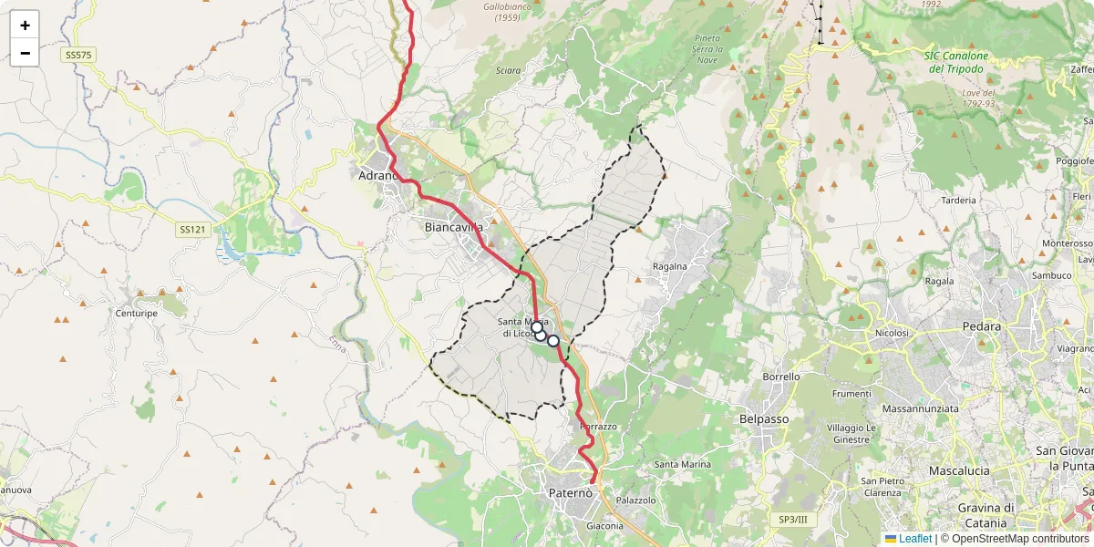 Mappa dettagliata del trasporto pubblico a Santa Maria di Licodia con linee autobus, tram e collegamenti