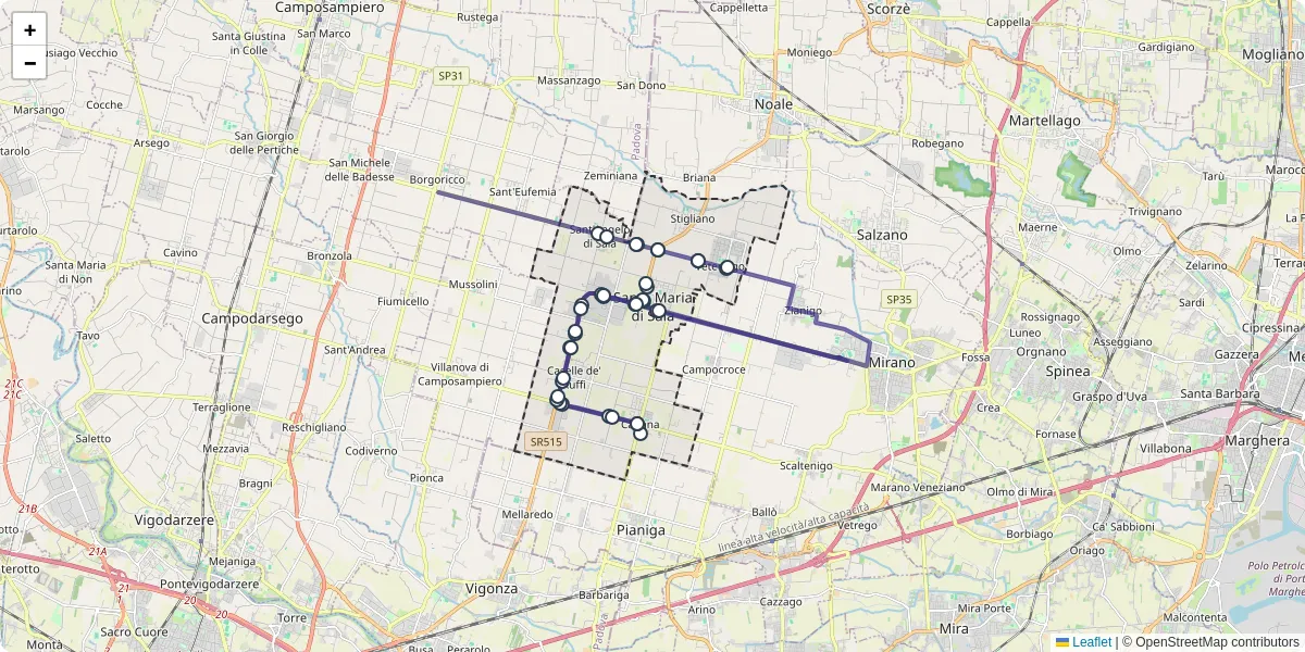 Mappa dettagliata del trasporto pubblico a Santa Maria di Sala con linee autobus, tram e collegamenti
