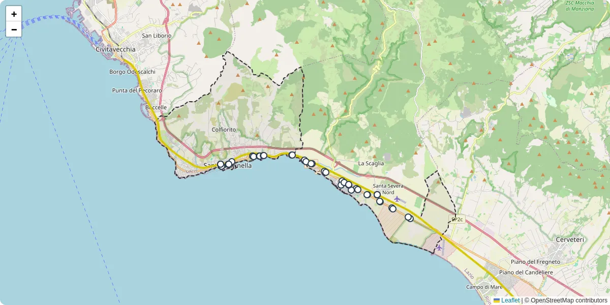 Mappa dettagliata del trasporto pubblico a Santa Marinella con linee autobus, tram e collegamenti