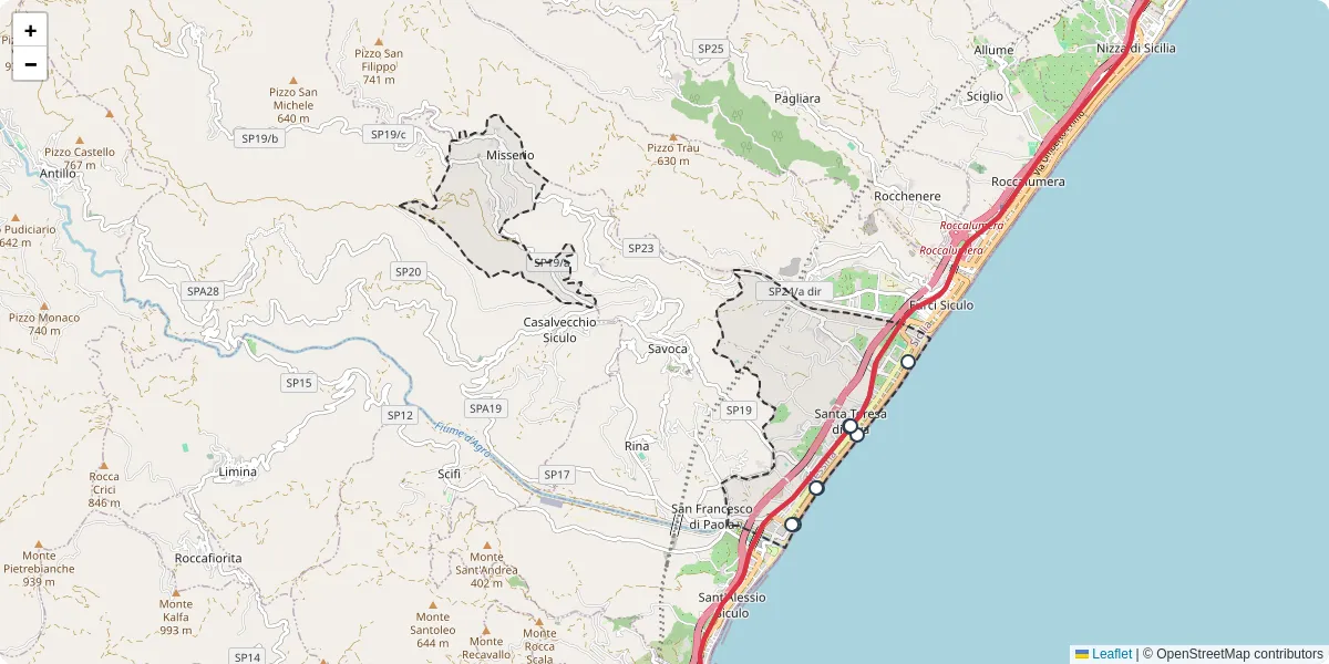 Mappa dettagliata del trasporto pubblico a Santa Teresa di Riva con linee autobus, tram e collegamenti