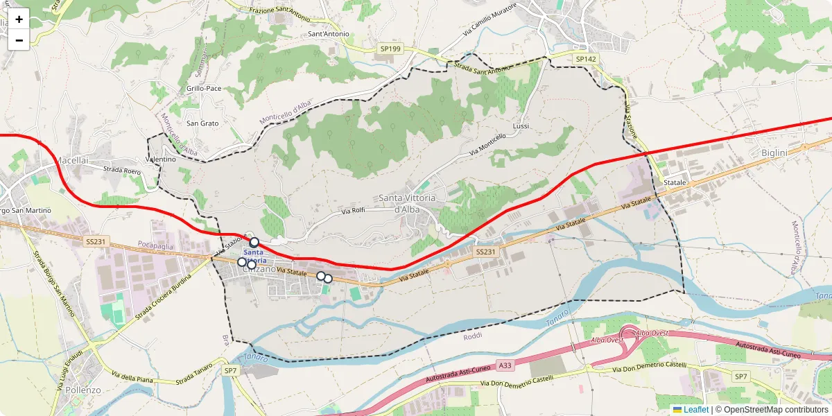 Mappa dettagliata del trasporto pubblico a Santa Vittoria d'Alba con linee autobus, tram e collegamenti