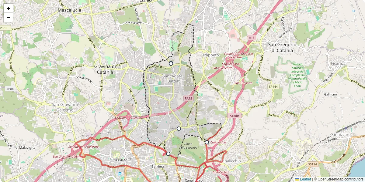 Mappa dettagliata del trasporto pubblico a Sant'Agata li Battiati con linee autobus, tram e collegamenti