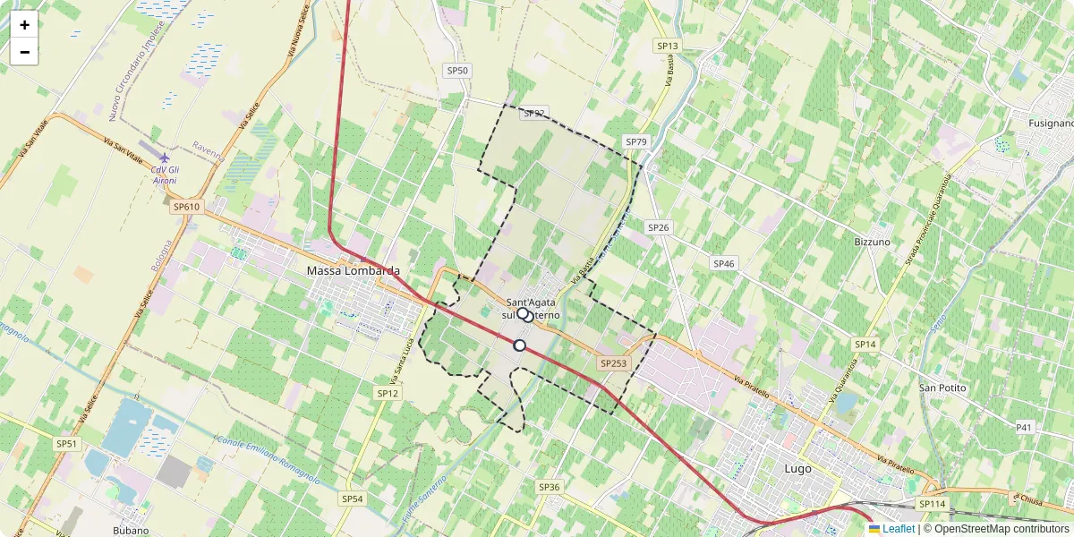 Mappa dettagliata del trasporto pubblico a Sant'Agata sul Santerno con linee autobus, tram e collegamenti