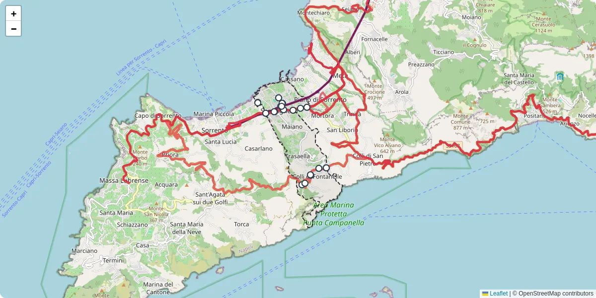 Mappa dettagliata del trasporto pubblico a Sant'Agnello con linee autobus, tram e collegamenti