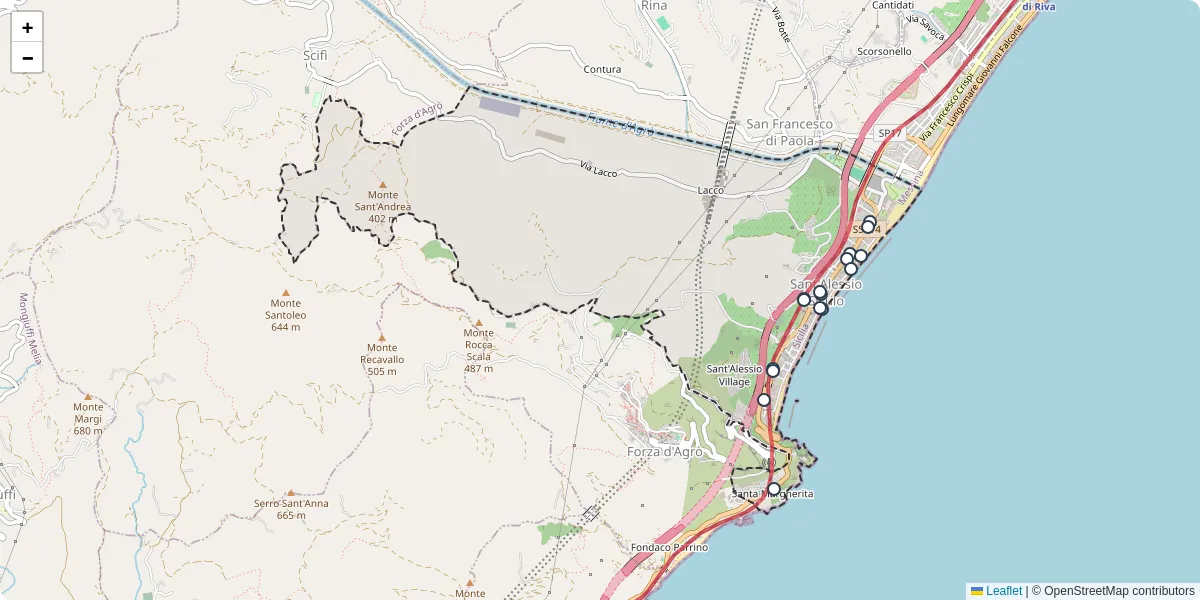 Mappa dettagliata del trasporto pubblico a Sant'Alessio Siculo con linee autobus, tram e collegamenti