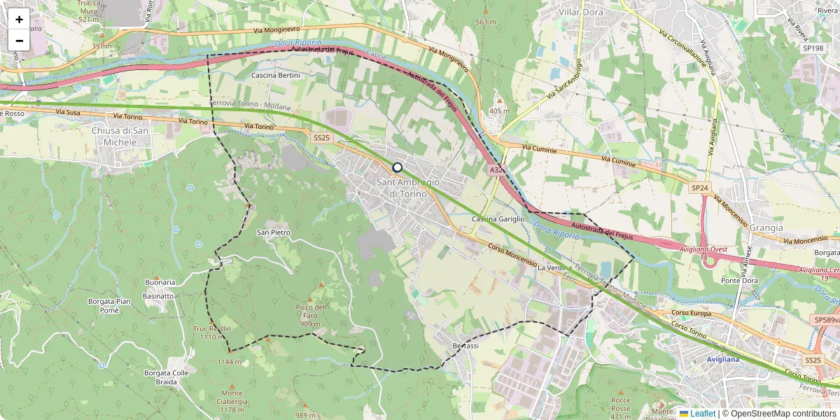 Mappa dettagliata del trasporto pubblico a Sant'Ambrogio di Torino con linee autobus, tram e collegamenti