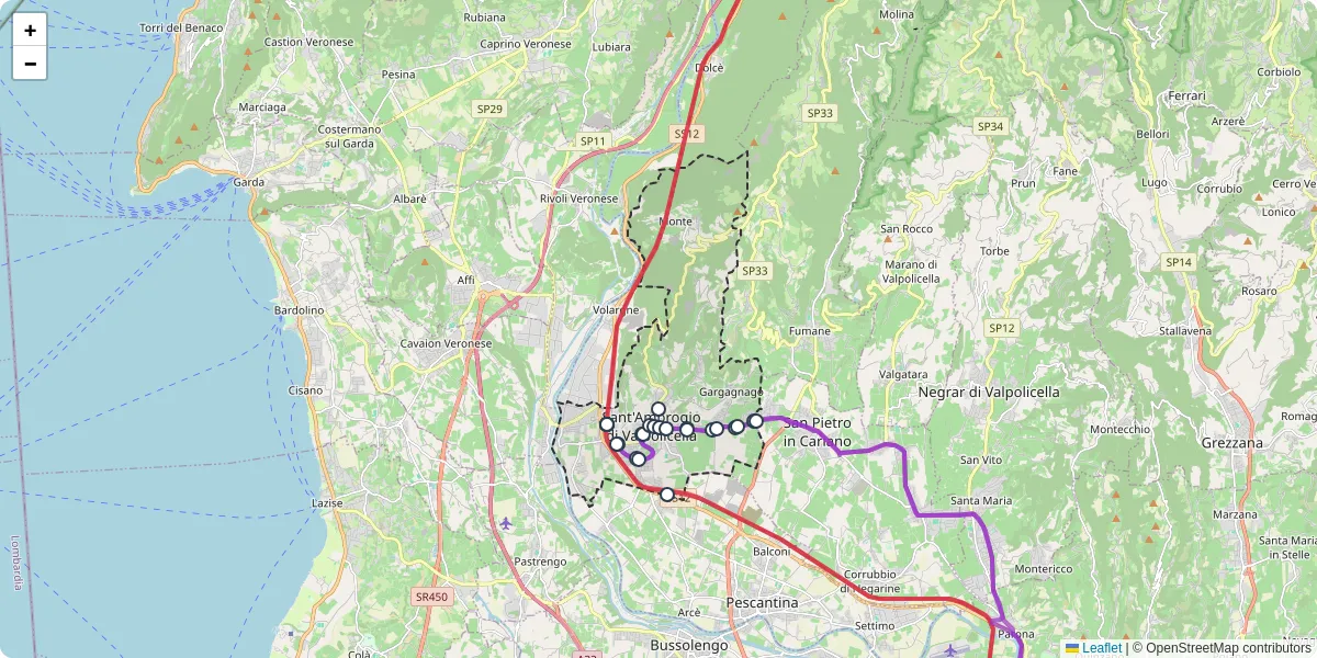 Mappa dettagliata del trasporto pubblico a Sant'Ambrogio di Valpolicella con linee autobus, tram e collegamenti