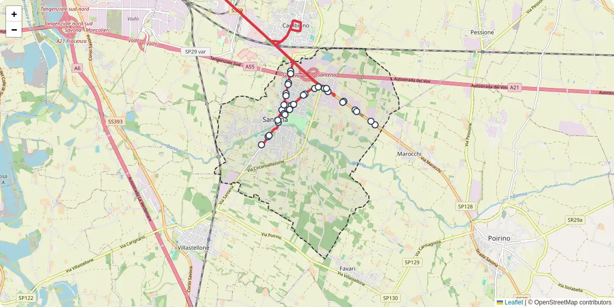 Mappa dettagliata del trasporto pubblico a Santena con linee autobus, tram e collegamenti