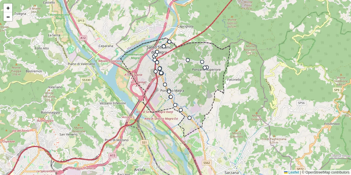 Mappa dettagliata del trasporto pubblico a Santo Stefano di Magra con linee autobus, tram e collegamenti