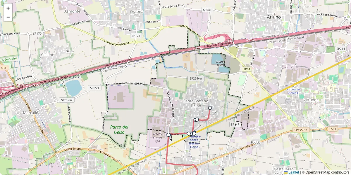 Mappa dettagliata del trasporto pubblico a Santo Stefano Ticino con linee autobus, tram e collegamenti