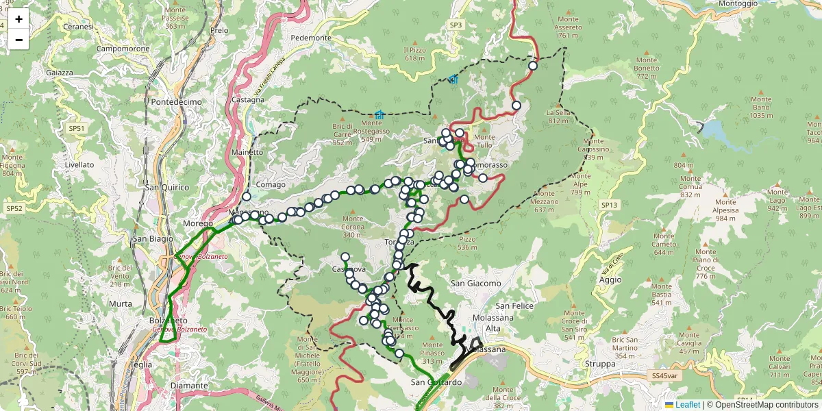 Mappa dettagliata del trasporto pubblico a Sant'Olcese con linee autobus, tram e collegamenti