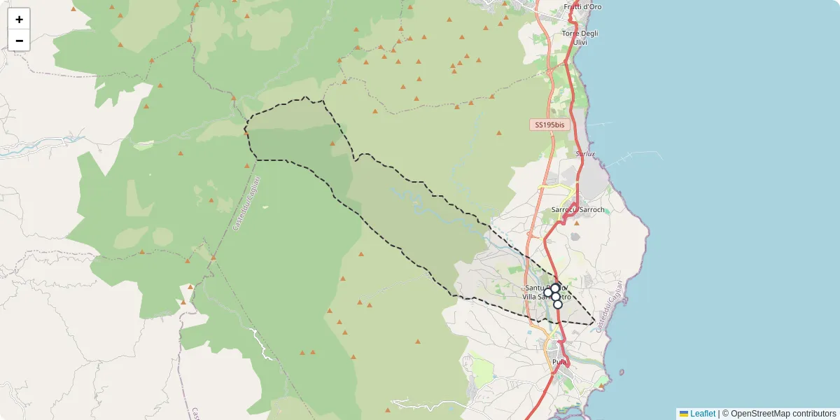 Mappa dettagliata del trasporto pubblico a Santu Perdu/Villa San Pietro con linee autobus, tram e collegamenti