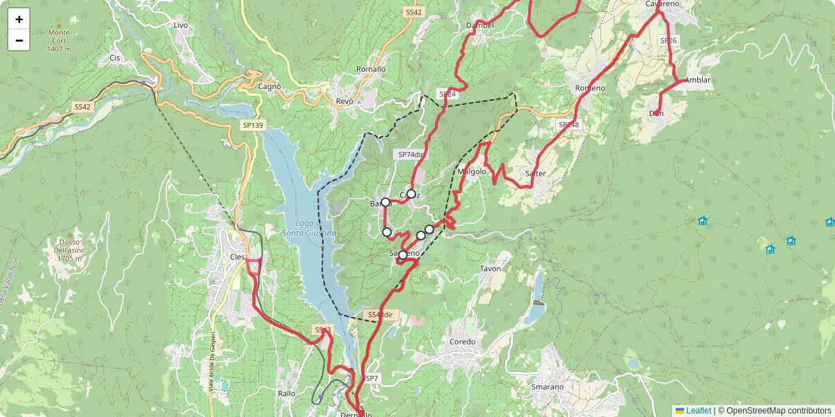 Mappa dettagliata del trasporto pubblico a Sanzeno con linee autobus, tram e collegamenti