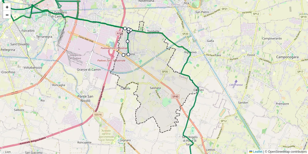 Mappa dettagliata del trasporto pubblico a Saonara con linee autobus, tram e collegamenti