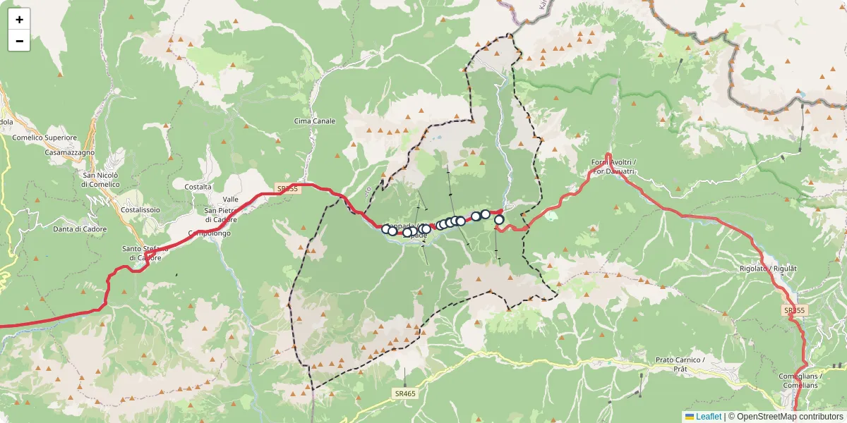 Mappa dettagliata del trasporto pubblico a Sappada / Plodn / Sapade con linee autobus, tram e collegamenti