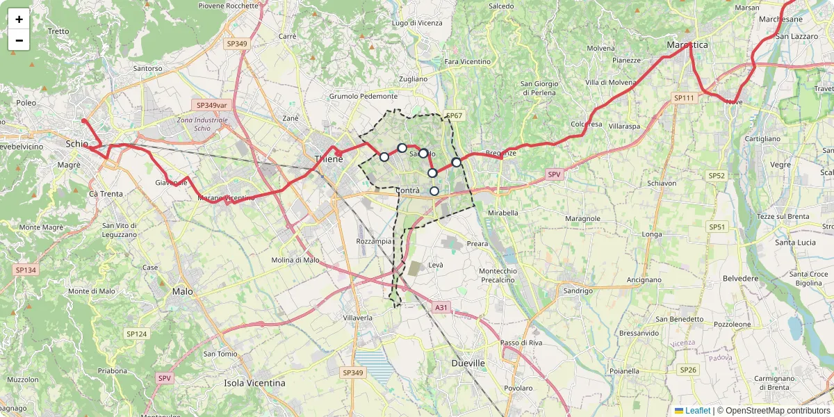 Mappa dettagliata del trasporto pubblico a Sarcedo con linee autobus, tram e collegamenti